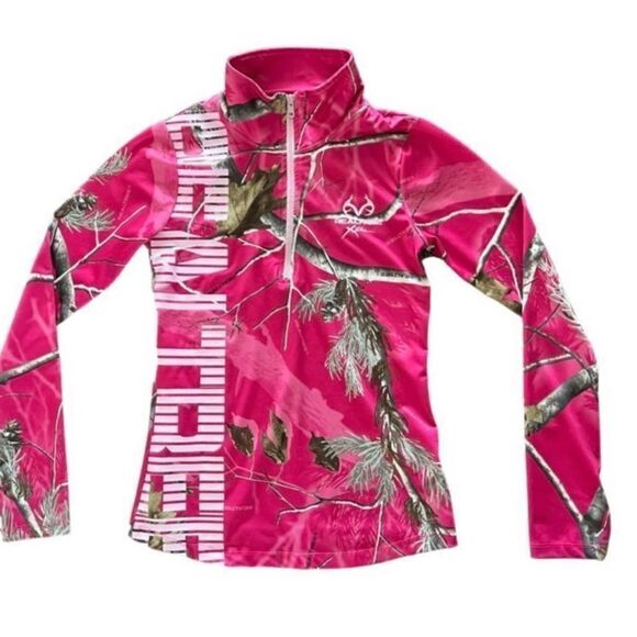 RealTree Pink Hunting Camo 1/2 Zip Long Sleeve Thumb Holes Pullover Size Small - Picture 4 of 12